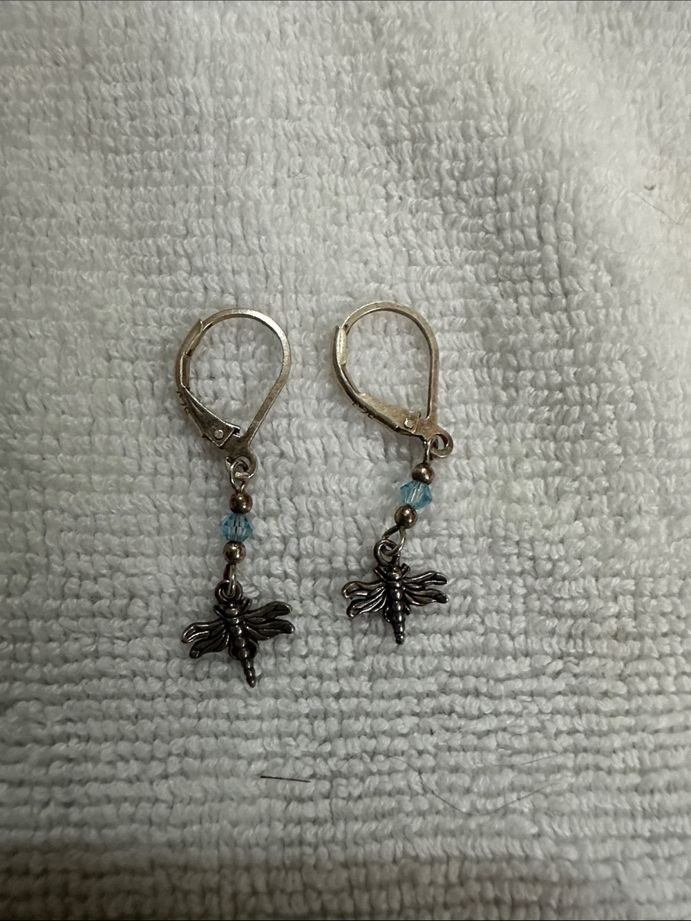 Silver Dragonfly Dangle Earrings with Light Blue Beads